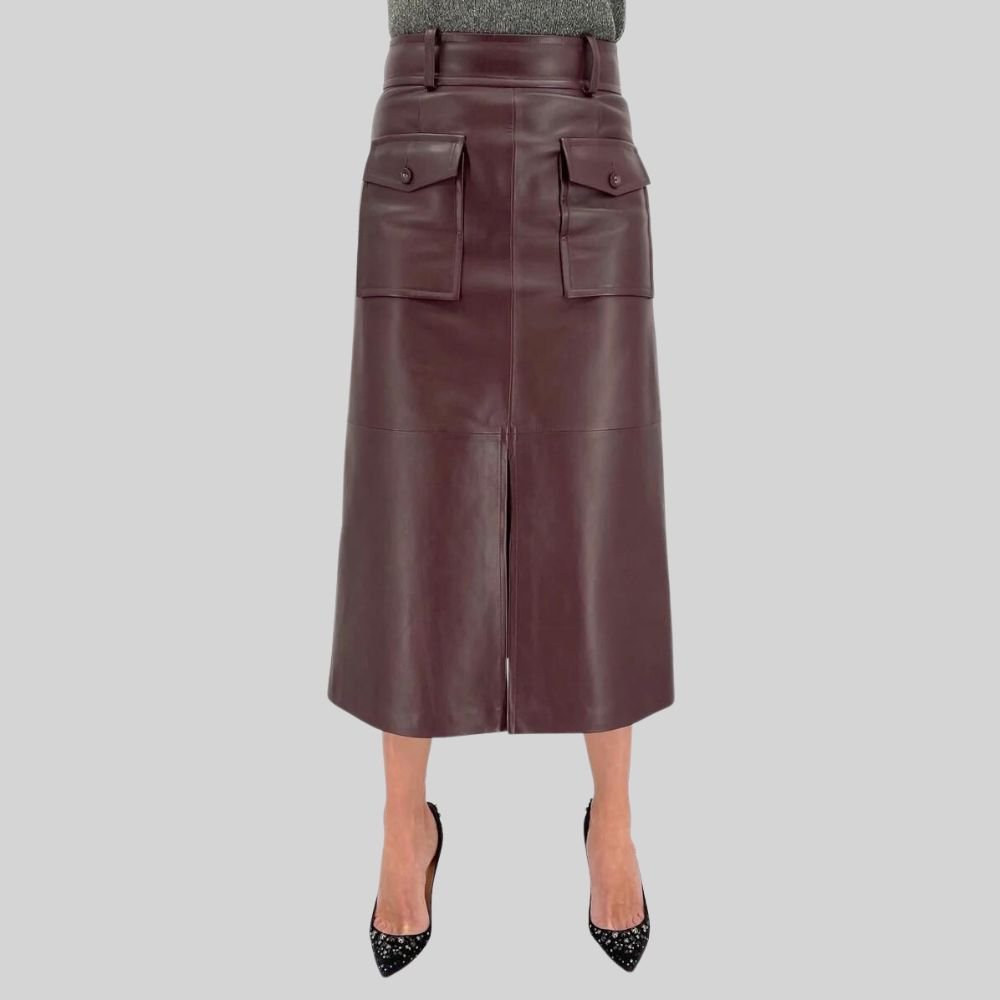 Front view of a chocolate brown leather midi skirt with utility pockets and a center slit.